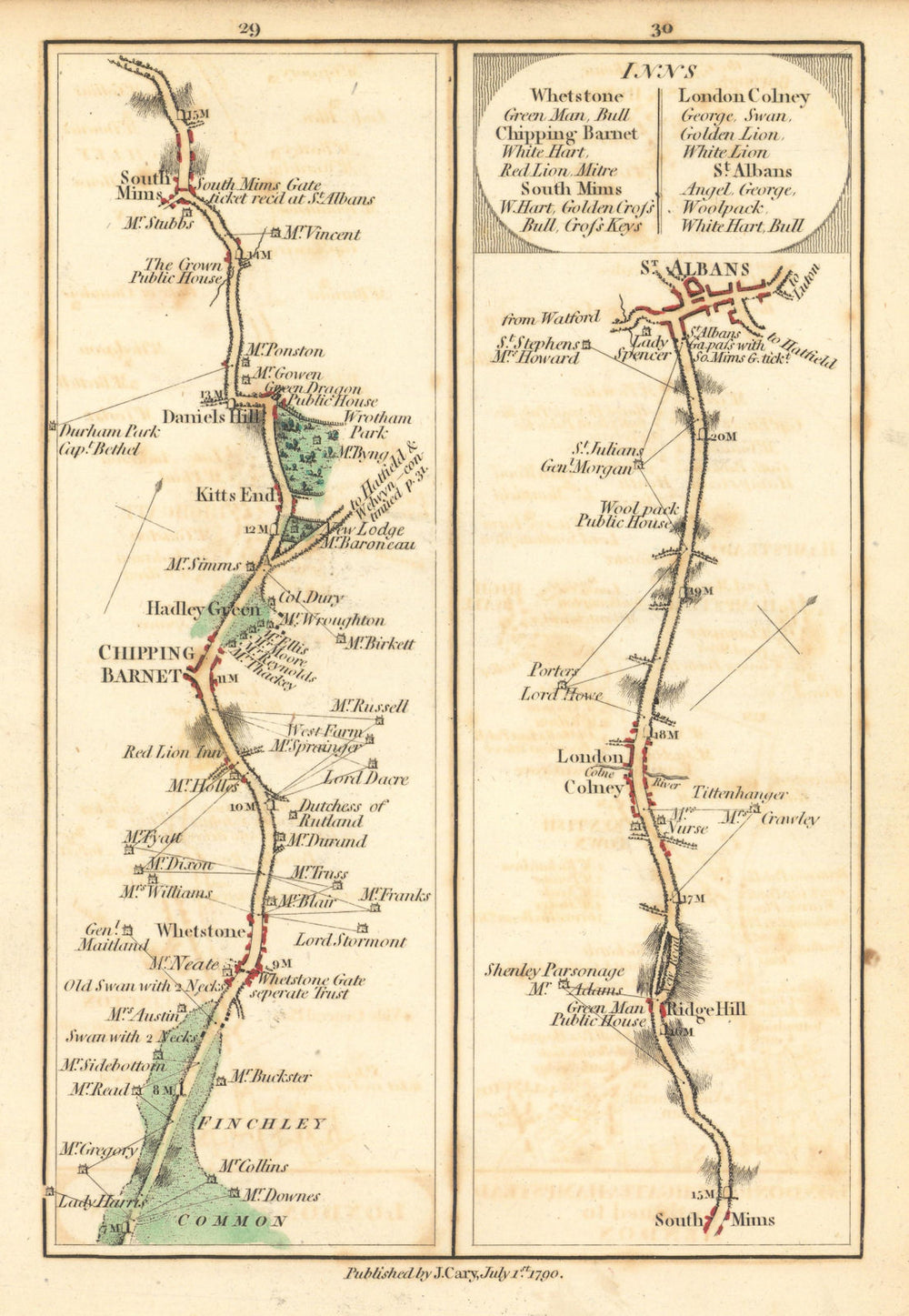 Finchley—Chipping Barnet—South Mimms—St. Albans. Cary turnpike road map 1790