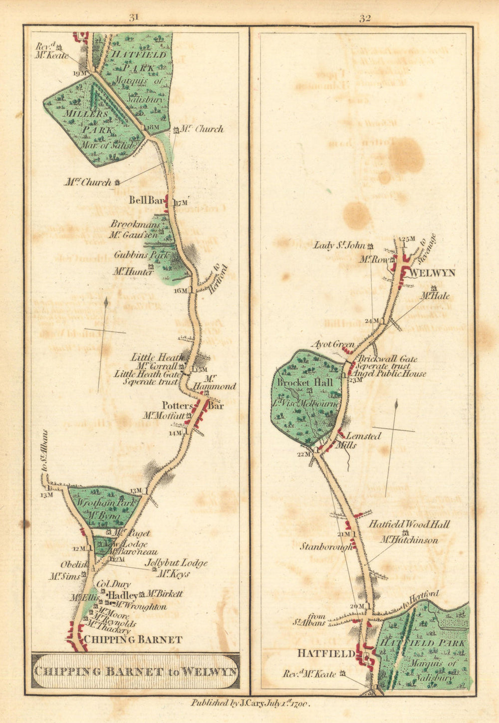 Chipping Barnet—Potters Bar—Hatfield—Welwyn. Cary turnpike road map 1790