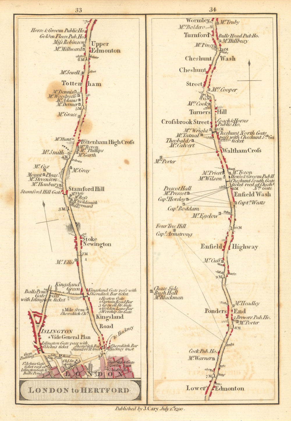 Islington—Stoke Newington—Tottenham—Edmonton—Enfield. Cary road map 1790