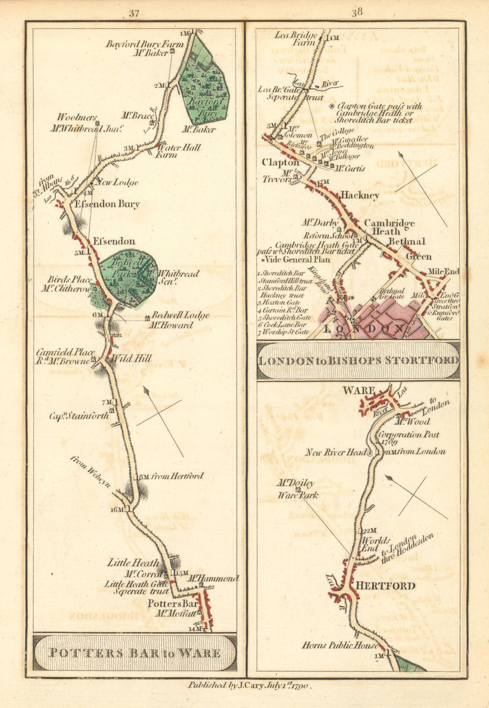 Potter's Bar—Hertford—Ware/Bethnal Green—Hackney—Clapton. Cary road map 1790