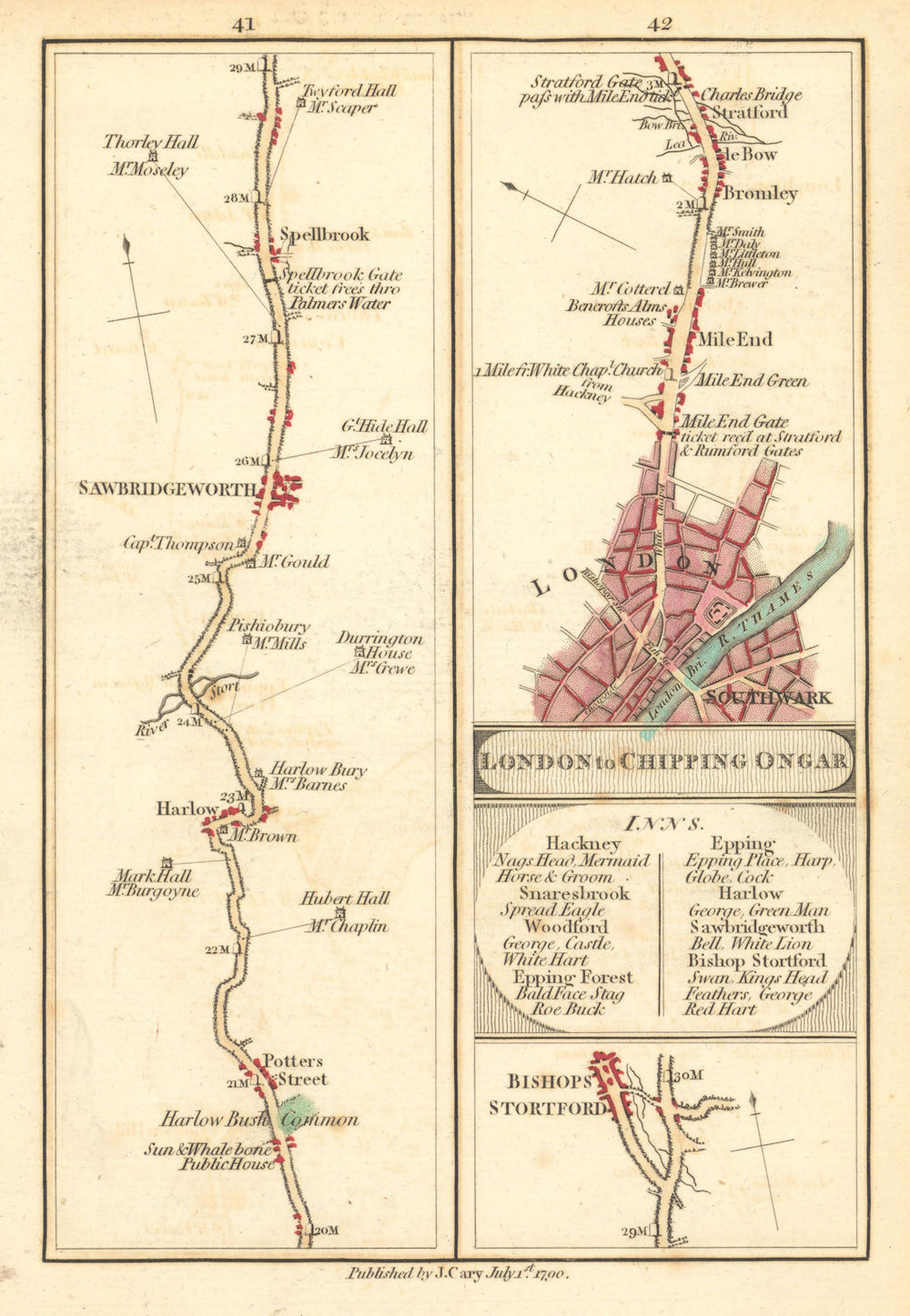 Harlow—Sawbridgeworth—Bishops Stortford/London—Stratford. Cary road map 1790