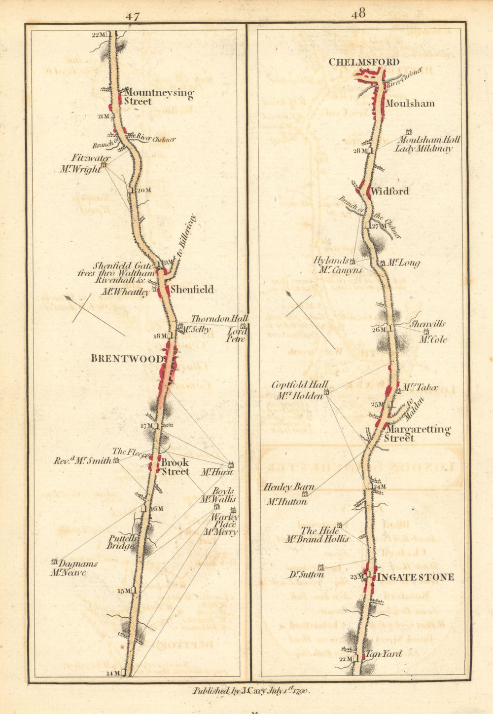 Brentwood—Shenfield—Ingatestone—Chelmsford. John Cary road strip map 1790