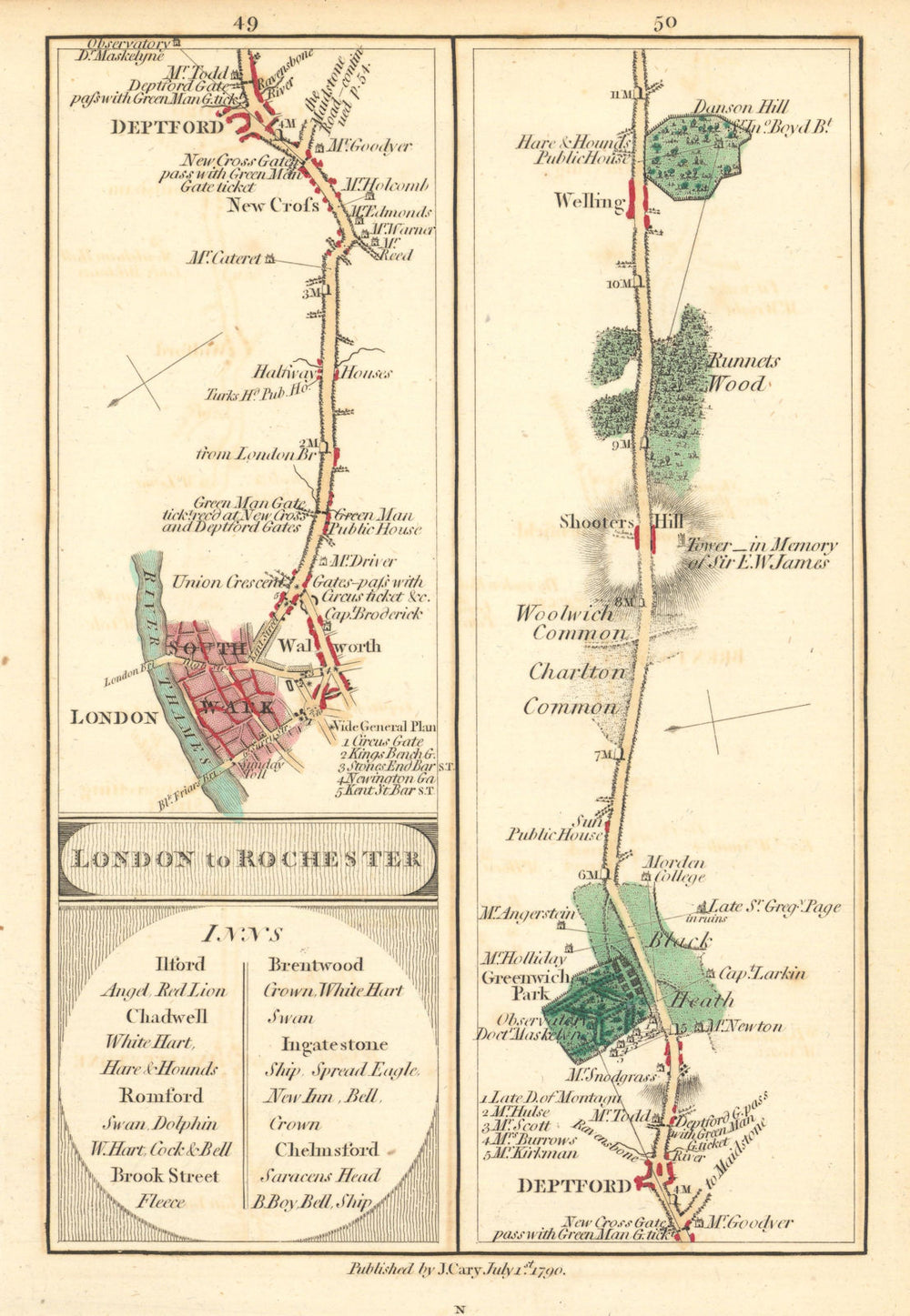 Southwark—New Cross—Deptford—Greenwich—Shooters Hill. Cary road map 1790