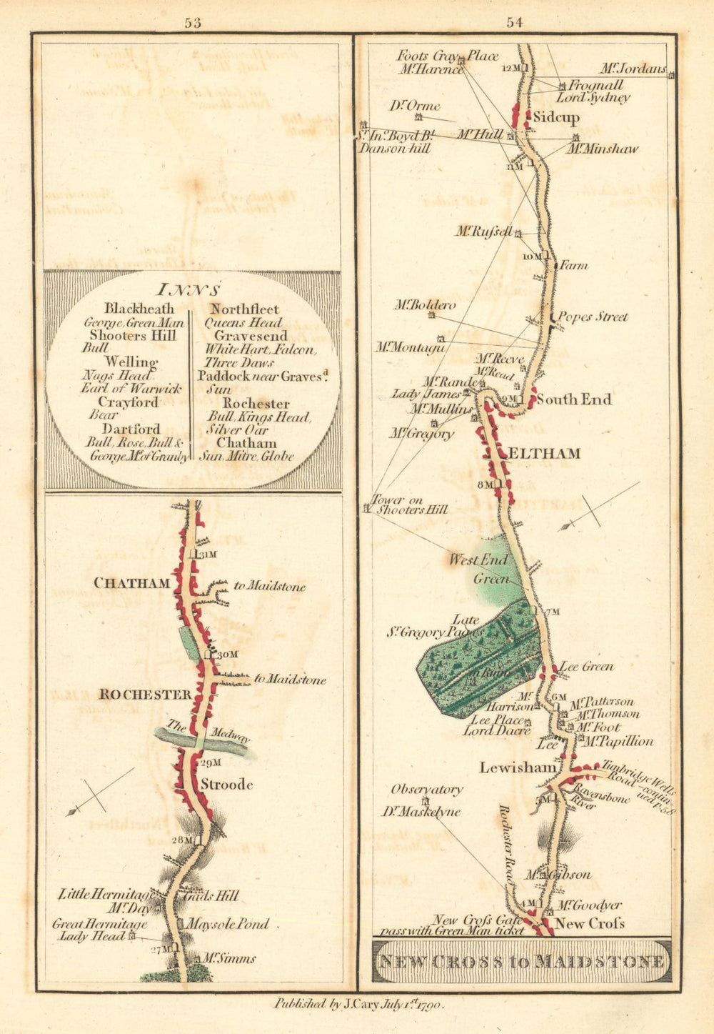 Rochester—Chatham / New Cross—Lewisham—Eltham—Sidcup. Cary road map 1790