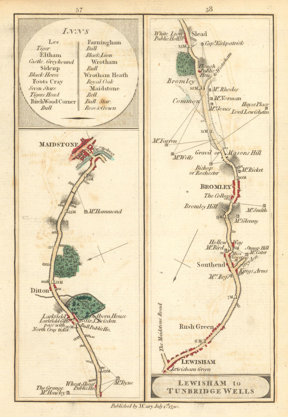 Ditton—Maidstone / Lewisham—Bromley. John Cary turnpike road strip map 1790