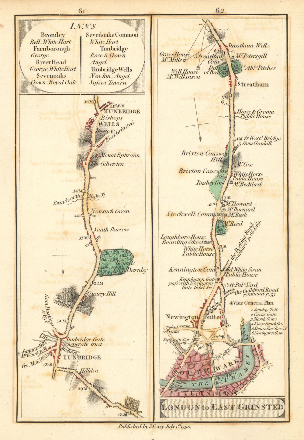 Tonbridge—Tunbridge Wells / Southwark—Brixton—Streatham. Cary road map 1790