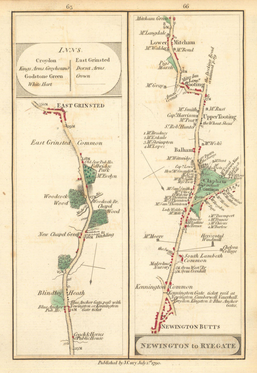 East Grinstead/Newington—Clapham—Balham—Tooting—Mitcham. Cary road map 1790