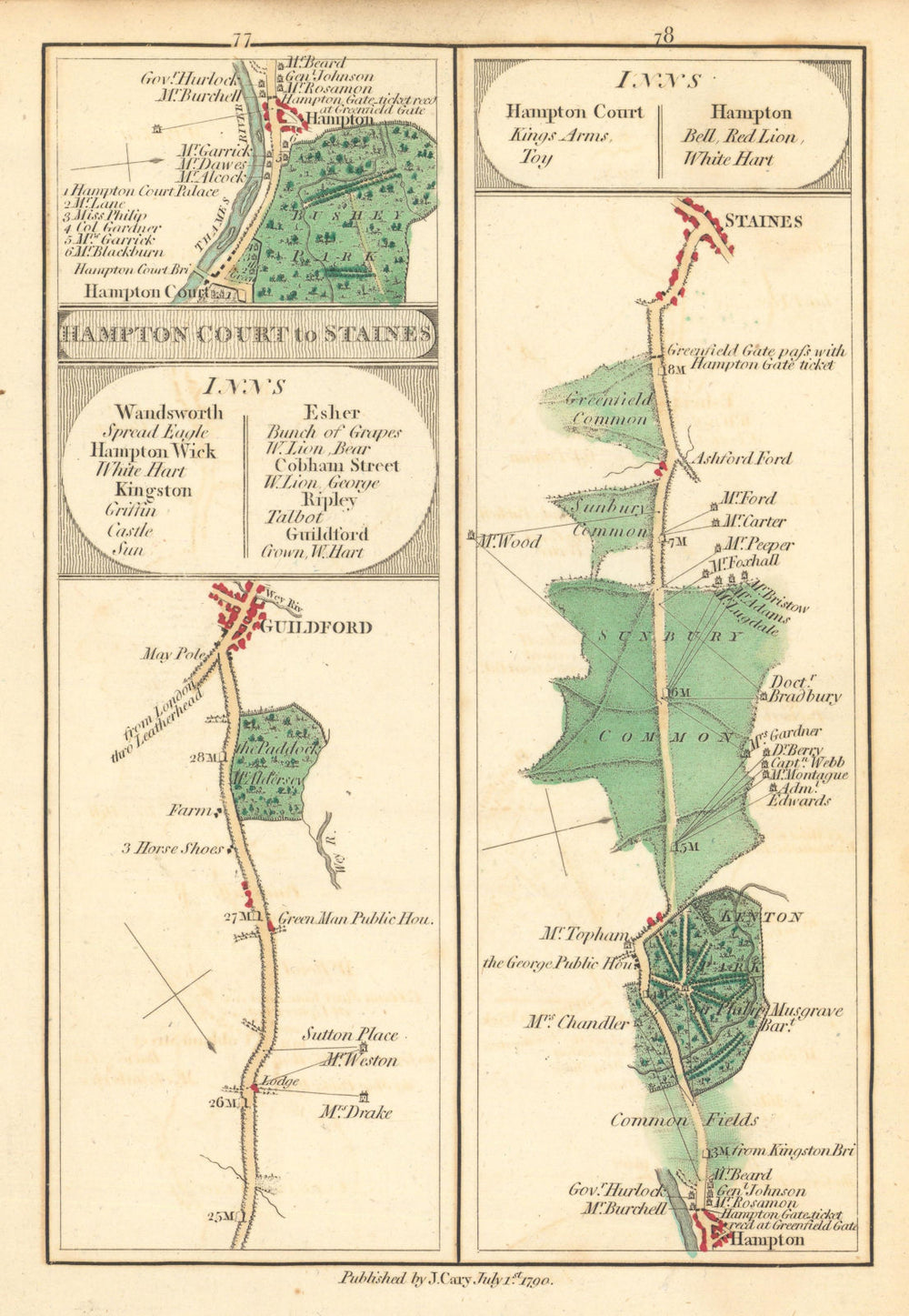 Guildford / Hampton—Kenton—Sunbury—Staines. John Cary road strip map 1790