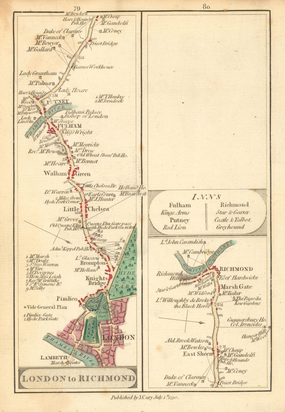 London—Pimlico—Brompton—Chelsea—Fulham—Putney—Richmond. Cary road map 1790