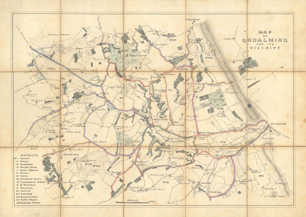 "Map of Godalming & its Vicinity" with Guildford. Folding linen-backed map c1830