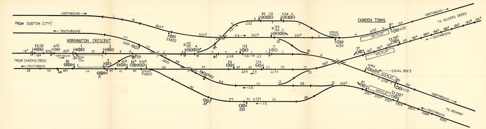NORTHERN LINE Mornington Crescent—Camden Town signalling/track diagram 1955 map