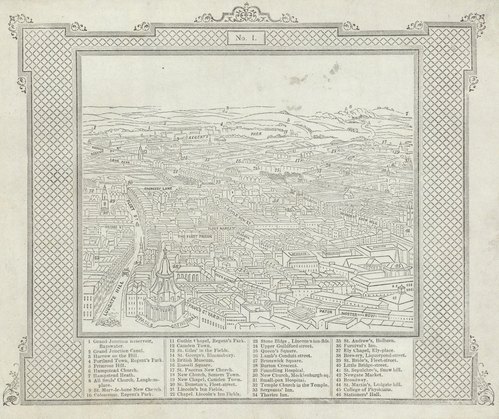 St. Paul's Cathedral west view: Fleet Street—West End—Holborn—Hampstead c1829