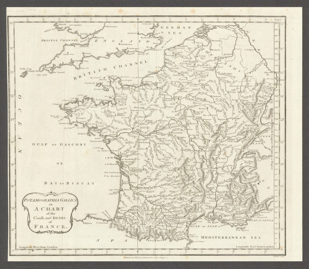 Potamographia Gallica or a Chart of the Coast & Rivers of France. Faden 1793 map