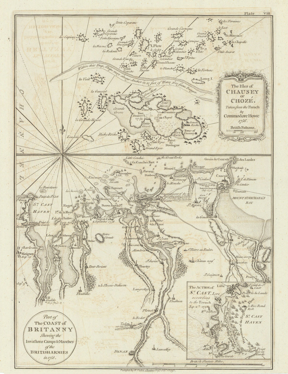 Îles Chausey. Britanny British invasions. Rance river—Saint-Malo. Faden 1793 map