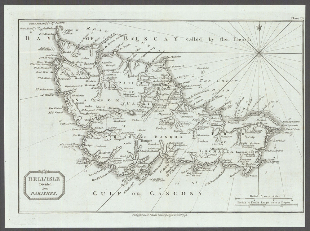 Belle'Isle divided into Parishes. Belle-Île-en-Mer. Morbihan. Faden 1793 map