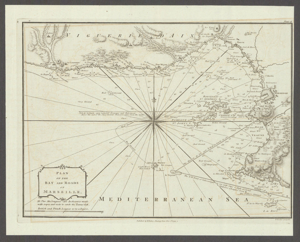 The Bay & Roads of Marseille. Îles du Frioul—Château d'If. Faden 1793 old map