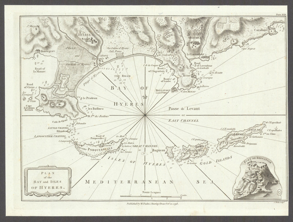 The Bay and Îles d'Hyères. Giens—Île de Porquerolles—Port Cros. Faden 1793 map