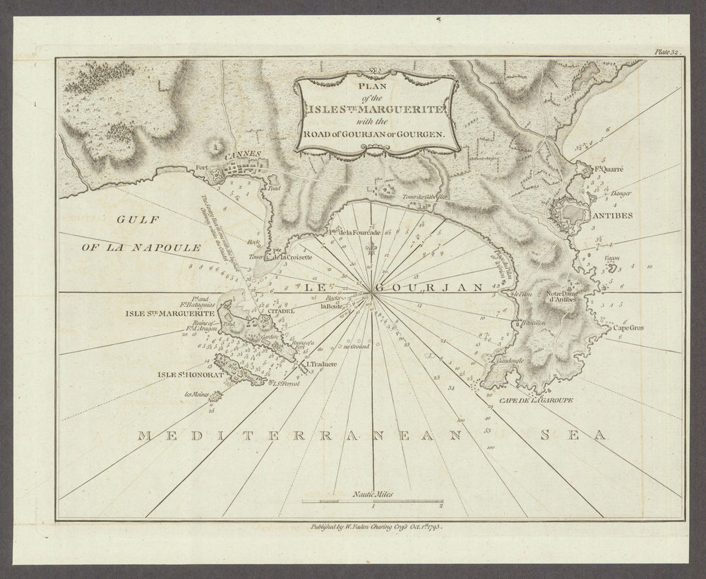 Îles Sainte-Marguerite & Golfe-Juan—Cannes—Cap d'Antibes—Lérins. Faden 1793 map