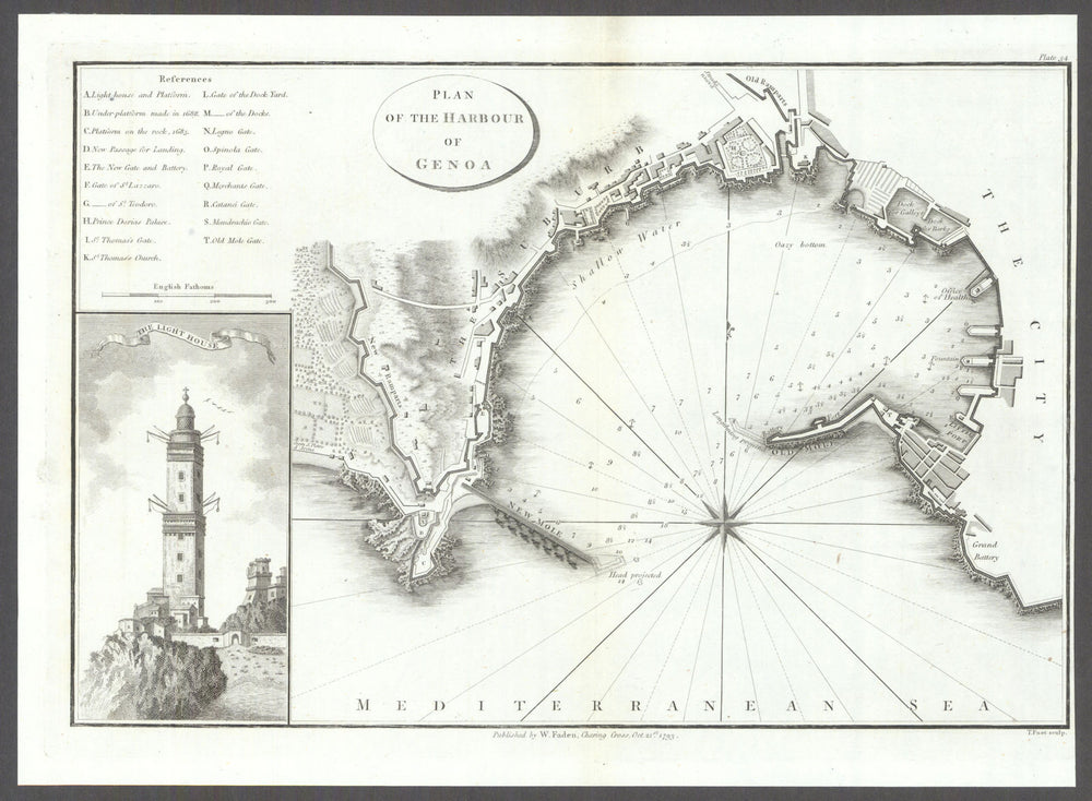 Plan of the Harbour of Genoa by William Faden. Lanterna di Genova 1793 old map