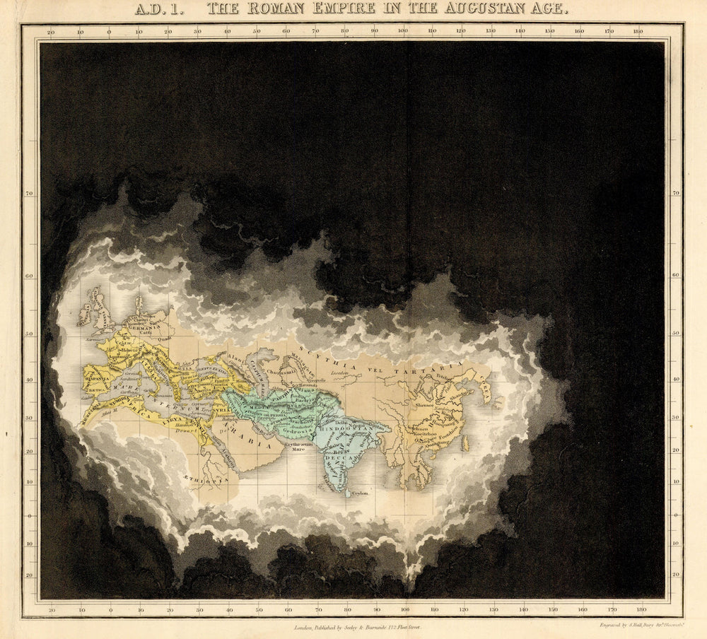 Known World in 1 AD—The Roman Empire of Augustus—Fog-of-ignorance map—Quin 1836