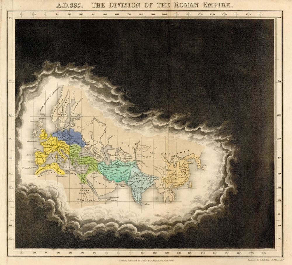 Known World in 395 AD—Roman Empire division—Fog-of-ignorance map—Quin 1836