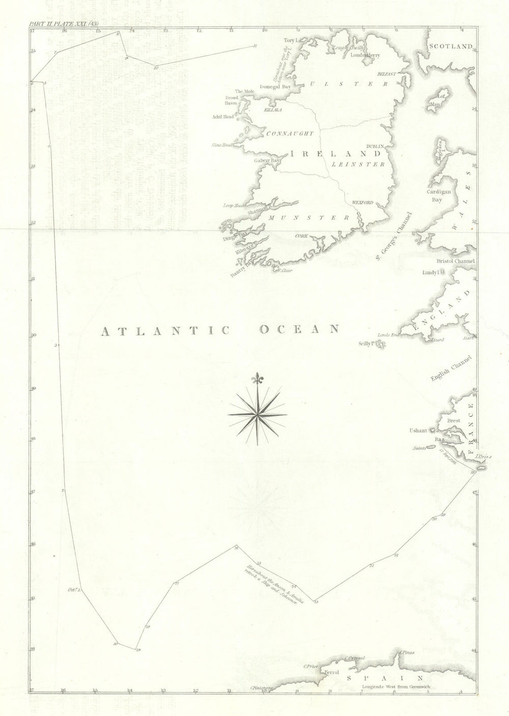 Untitle plan of the Chase of HMS Ethalion Sept-Oct 1798, Atlantic Ocean 1824 map