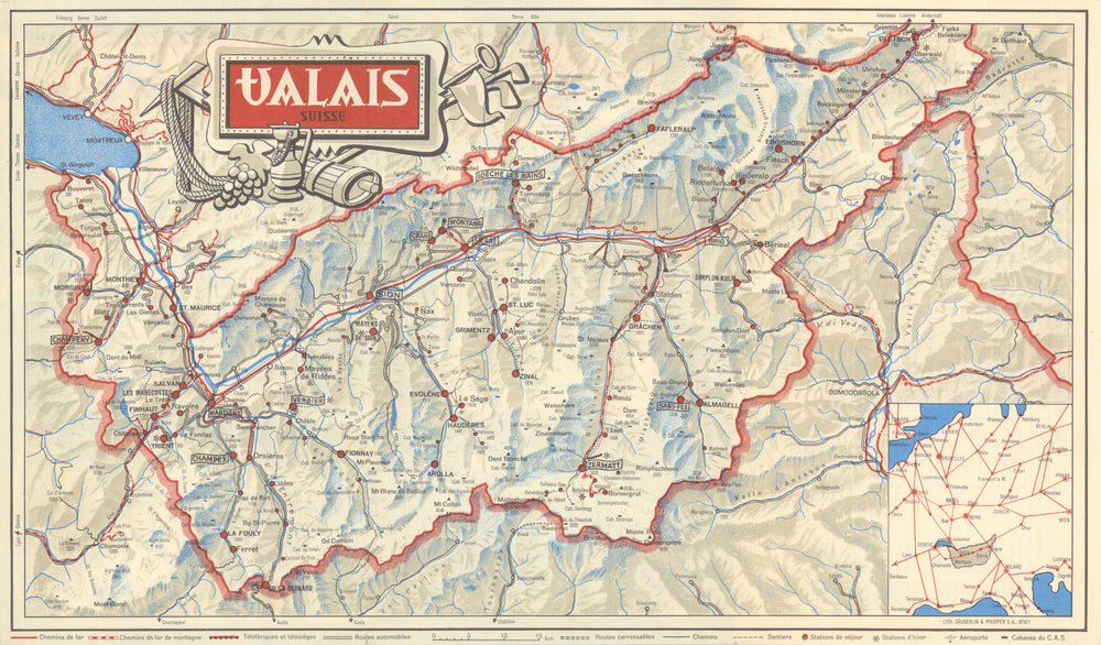Valais—Suisse. Switzerland canton map. Ski / Winter sports resorts c1953