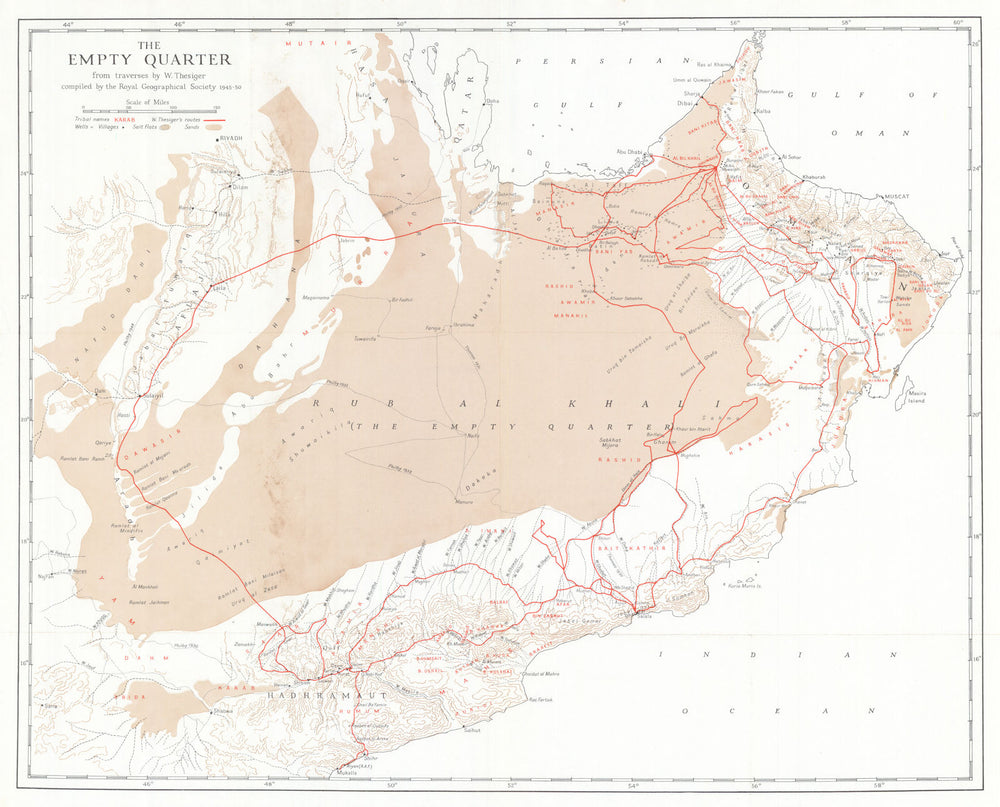 The Empty Quarter—Wilfred Thesiger's traverses—Arabia—UAE—Oman—RGS 1959 map
