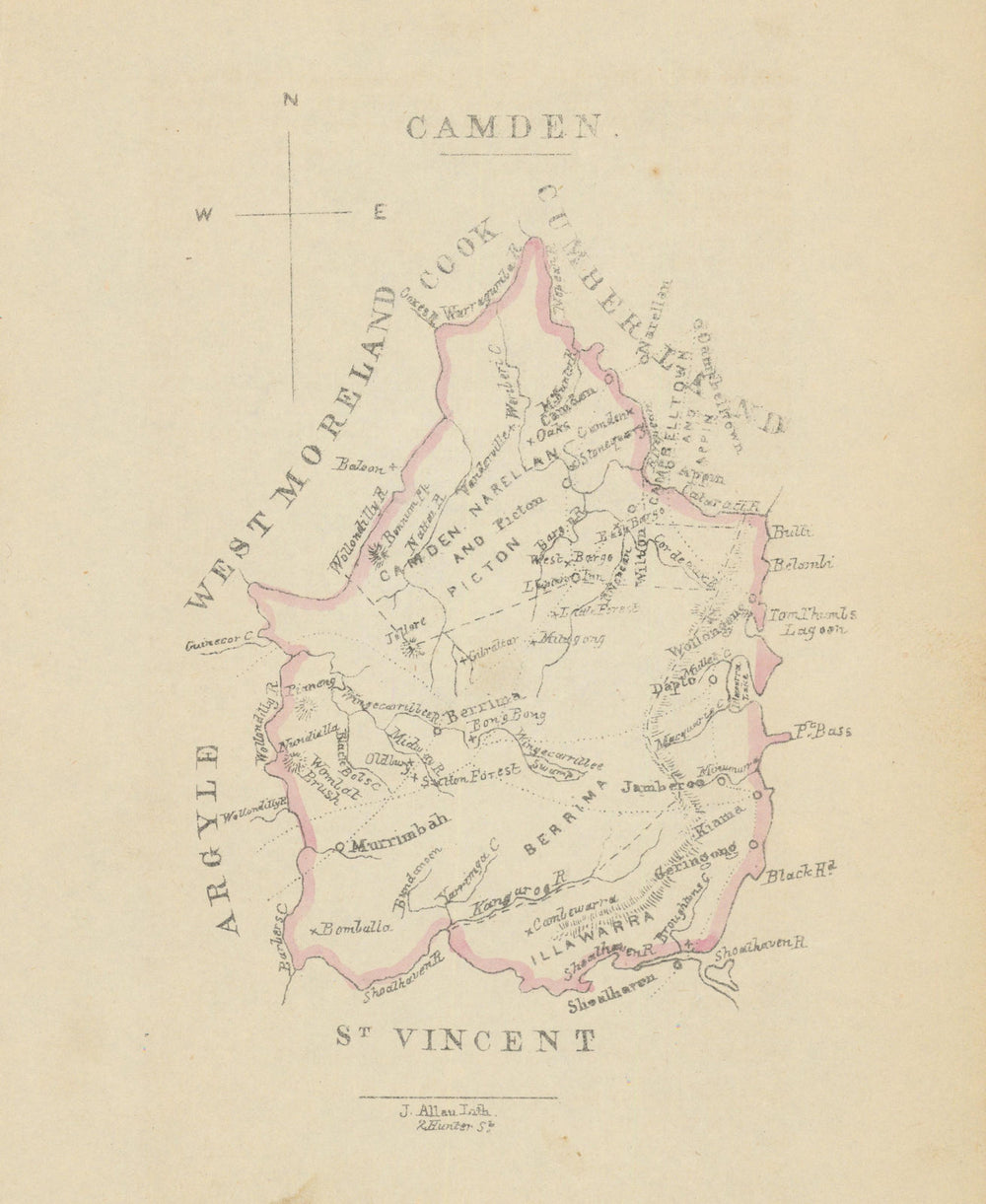 Camden county/cadastral map—Wollongong—Wells/Allan 1848 old antique chart