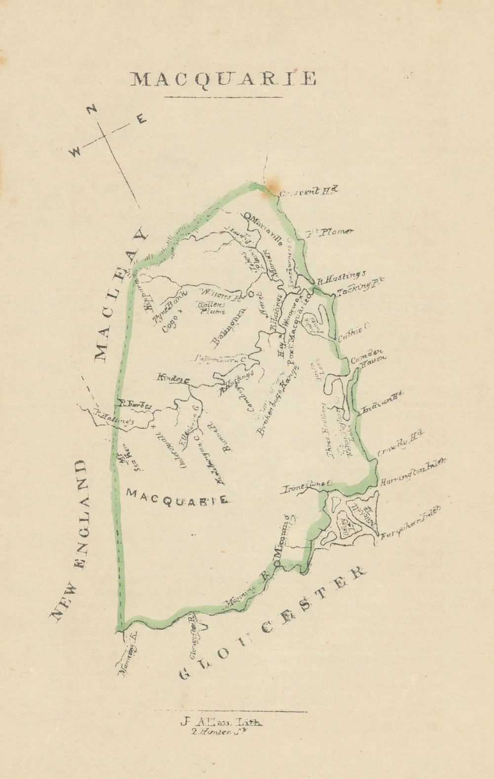 Macquarie county/cadastral map—Port Macquarie—Wells/Allan 1848 old antique
