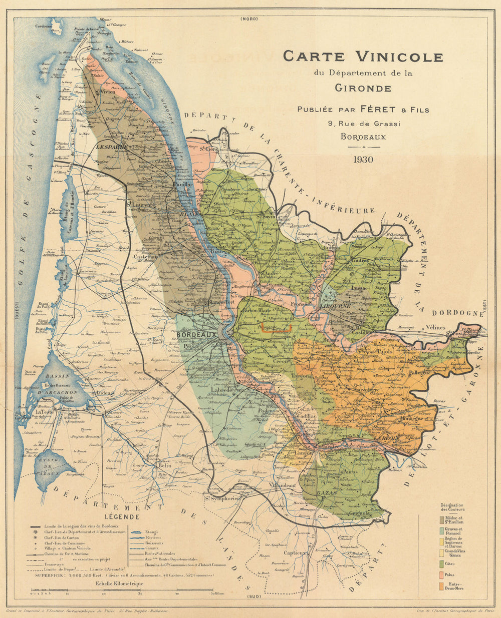Carte Vinicole du Département de la Gironde. Bordeaux Wine. FERET 1930 old map