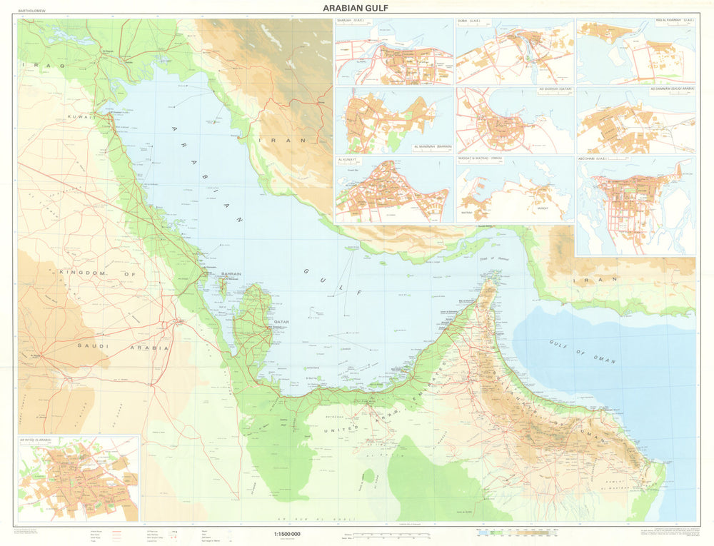 Arabian Gulf + Dubai Manama Doha Kuwait Muscat Abu Dhabi Riyadh plans 1984 map