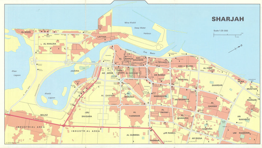Vintage Sharjah town city plan, United Arab Emirates. UAE. GEOprojects 1981 map
