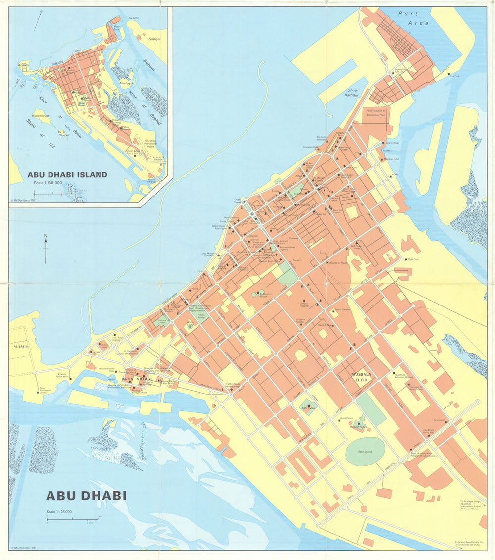 Vintage Abu Dhabi town city plan, United Arab Emirates UAE. GEOprojects 1981 map