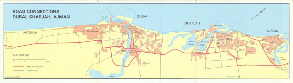 Vintage Road Connections Dubai, Sharjah, Ajman map. UAE. GEOprojects 1981