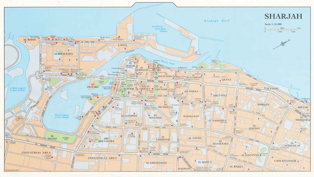 Vintage Sharjah town city plan, United Arab Emirates. UAE. GEOprojects 2003 map