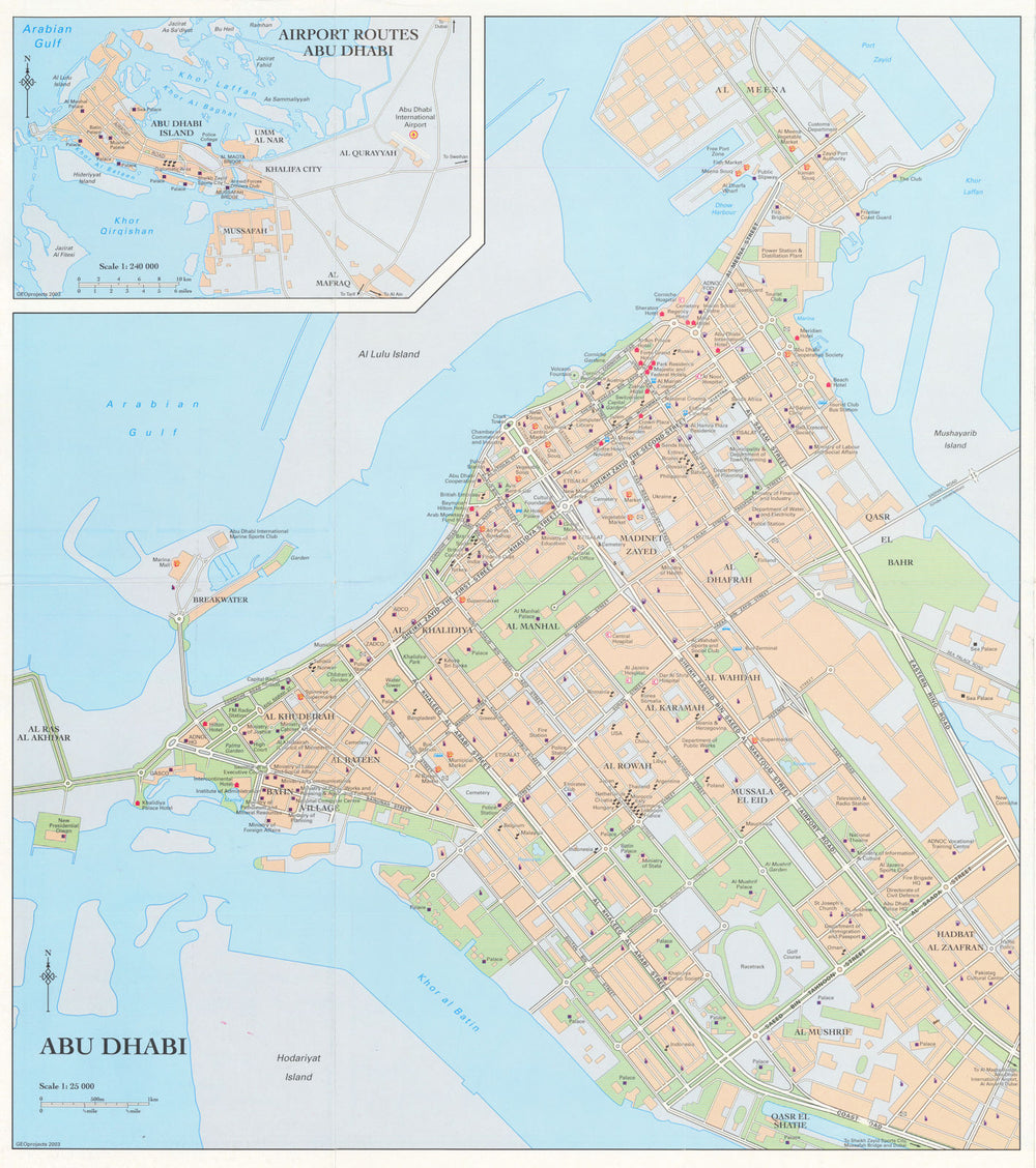 Vintage Abu Dhabi town city plan, United Arab Emirates UAE. GEOprojects 2003 map