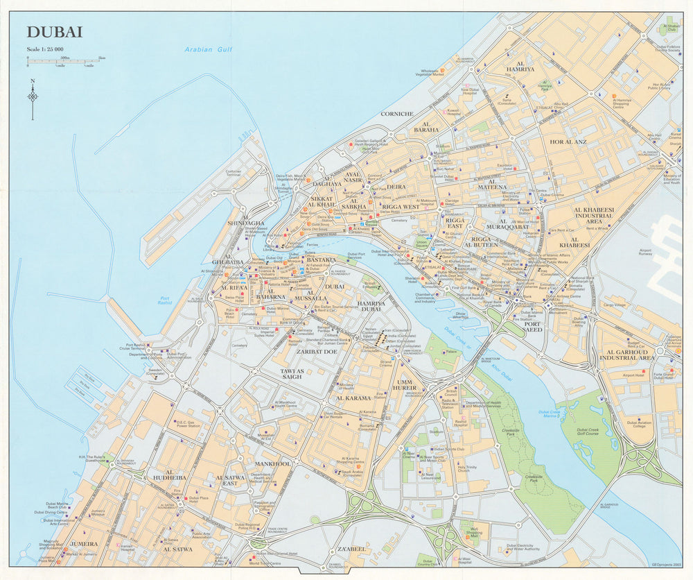 Vintage Dubai town city plan, United Arab Emirates. UAE. GEOprojects 2003 map