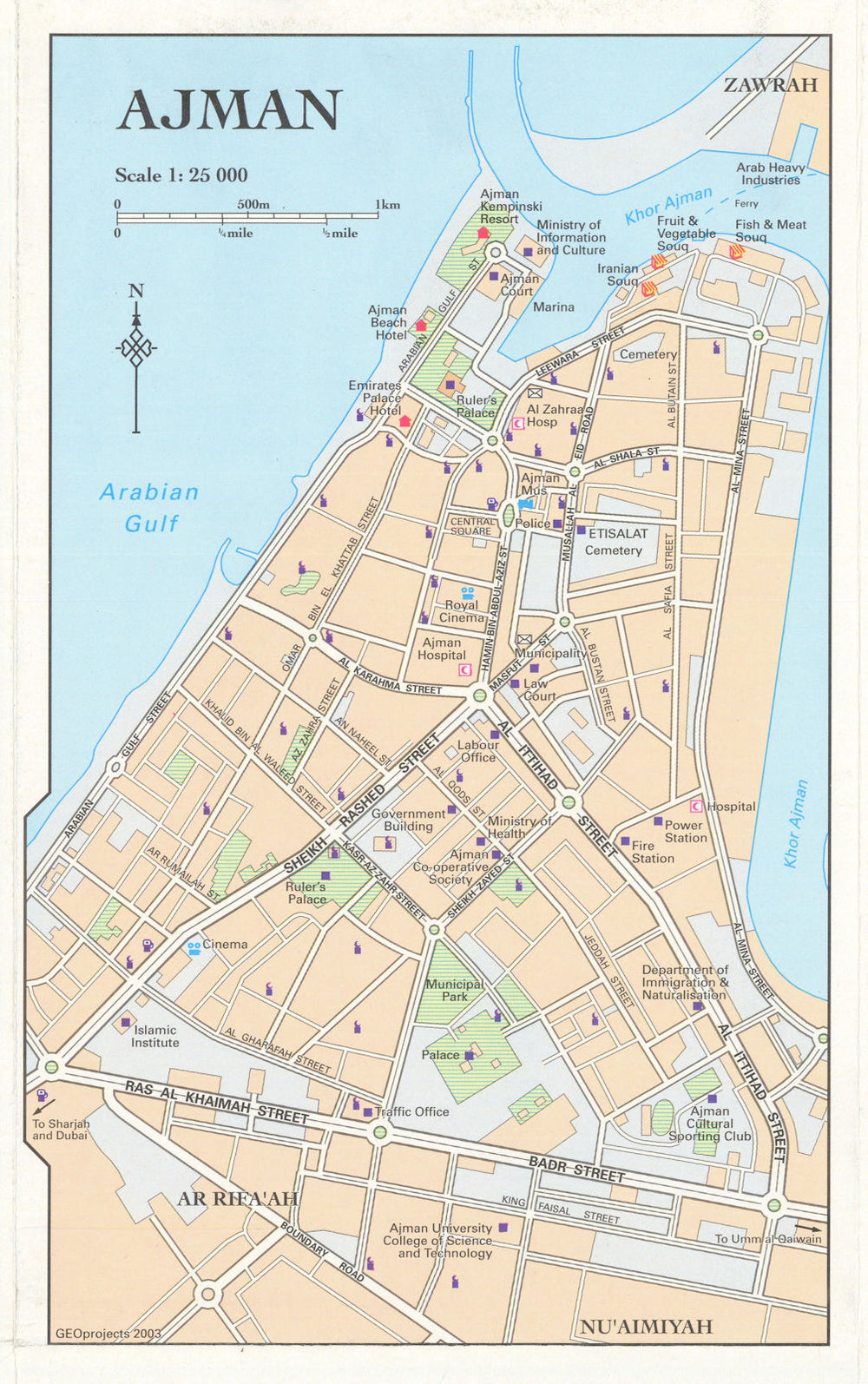 Vintage Ajman town city plan, United Arab Emirates. UAE. GEOprojects 2003 map