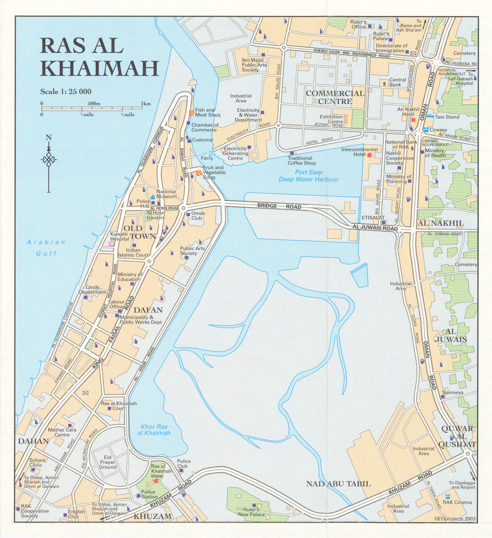 Vintage Ras Al Khaimah town city plan, United Arab Emirates GEOprojects 2003 map