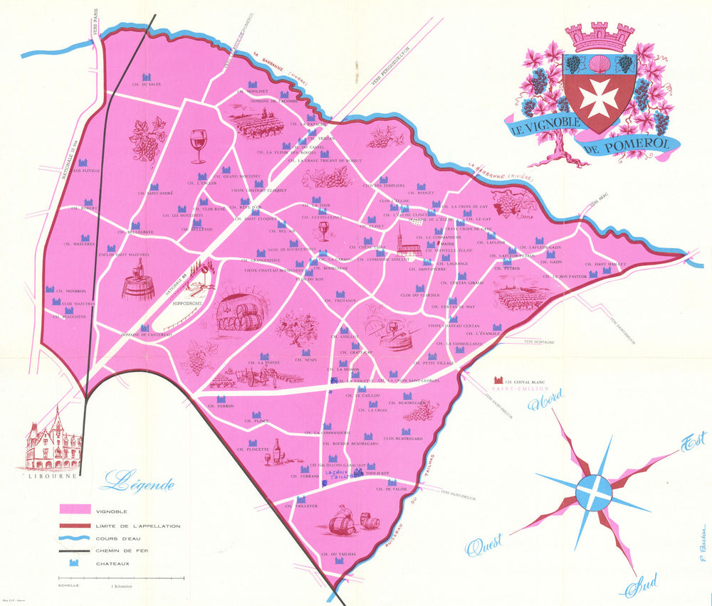 Le Vignoble de Pomerol showing wine estates/châteaux. Marked. Tourist map c1960