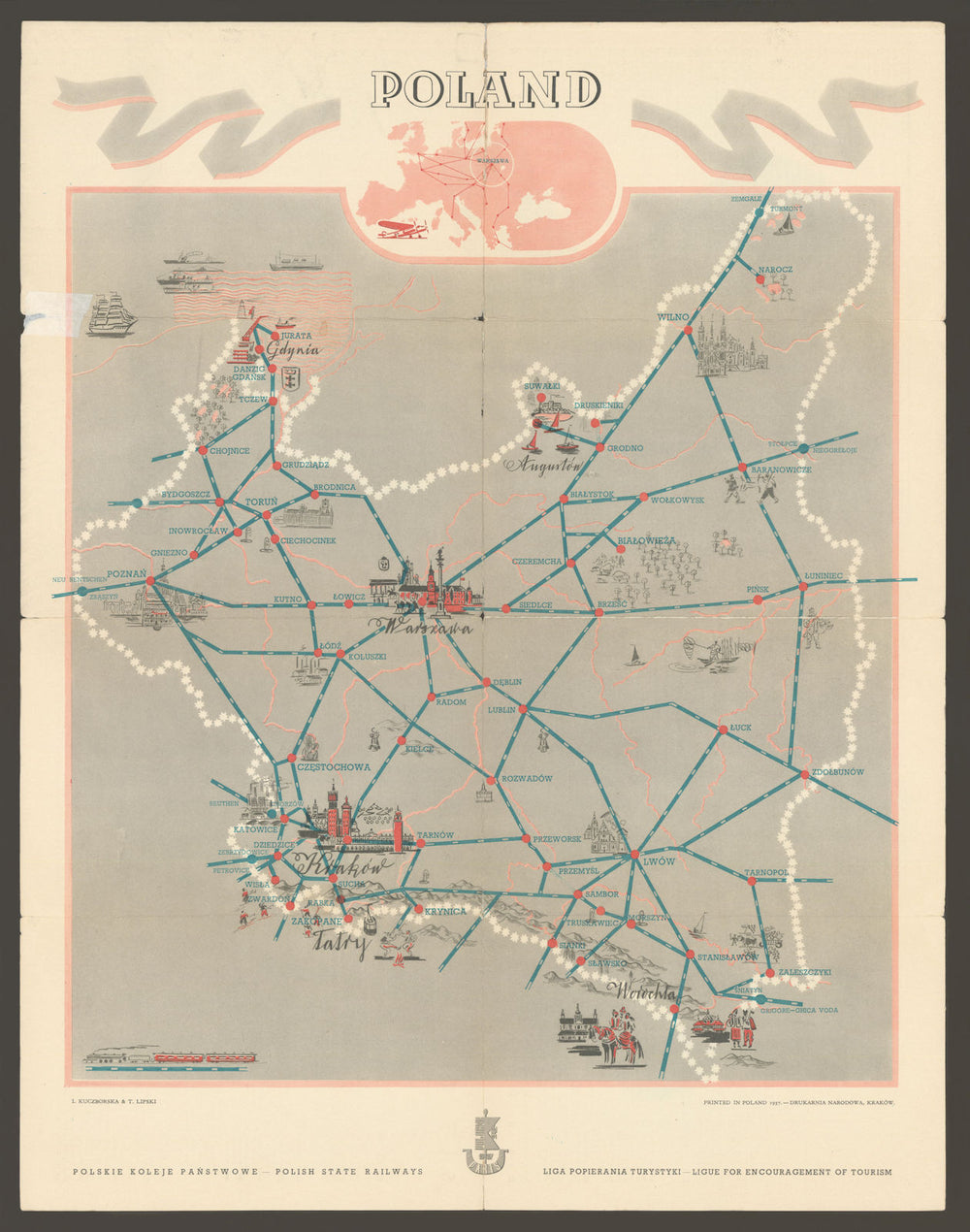 Pre WW2 Poland pictorial tourist transport map—Polish State Railways 1937