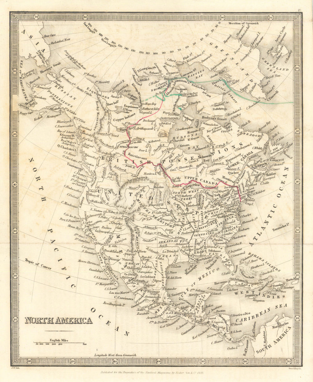 North America — Ross's 2nd Arctic Expedition & Back's route to find him 1833 map