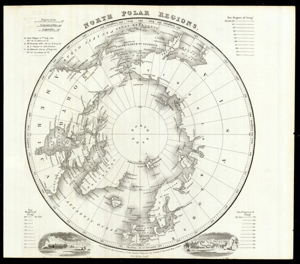 North Polar Regions showing Arctic voyages of Phipps, Scoresby & Parry 1834 map