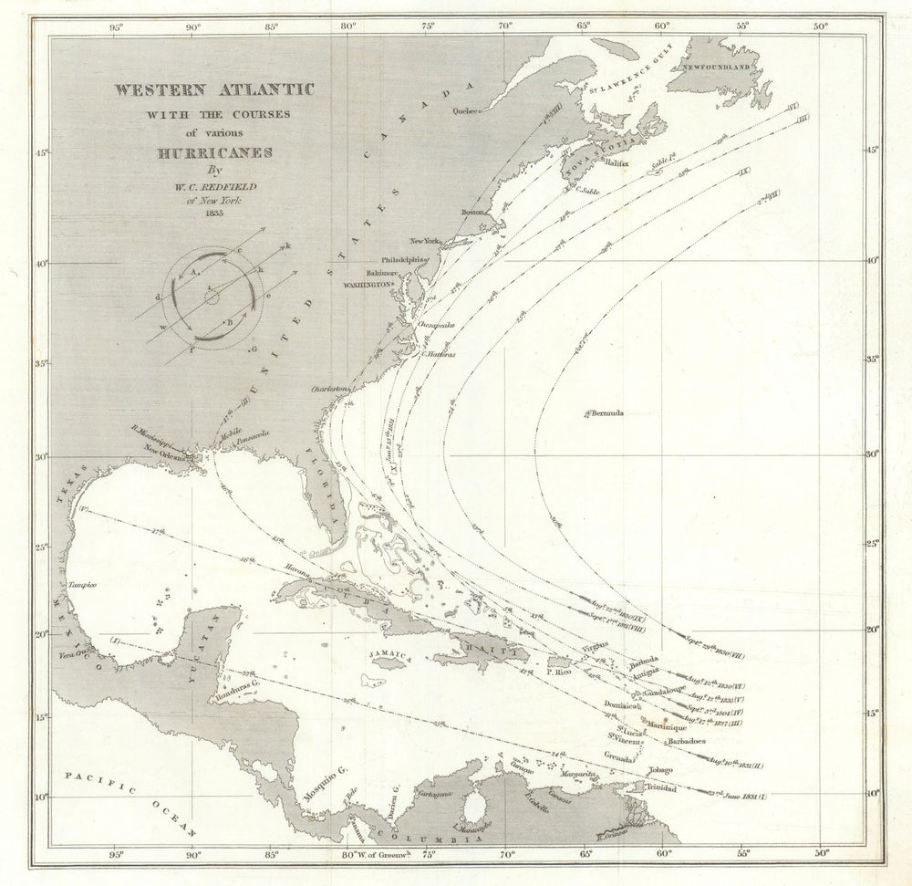 Western Atlantic with the Courses of various Hurricanes by WC Redfield 1836 map