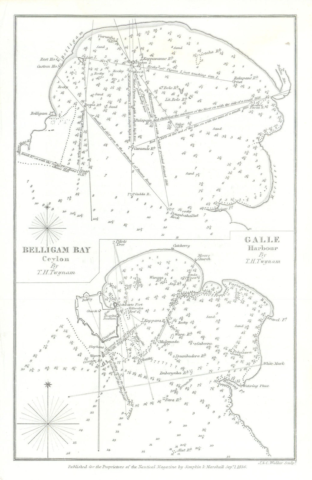 Galle Harbour & Bellegam Bay, Ceylon by TH Twynham. Weligama, Sri Lanka 1836 map