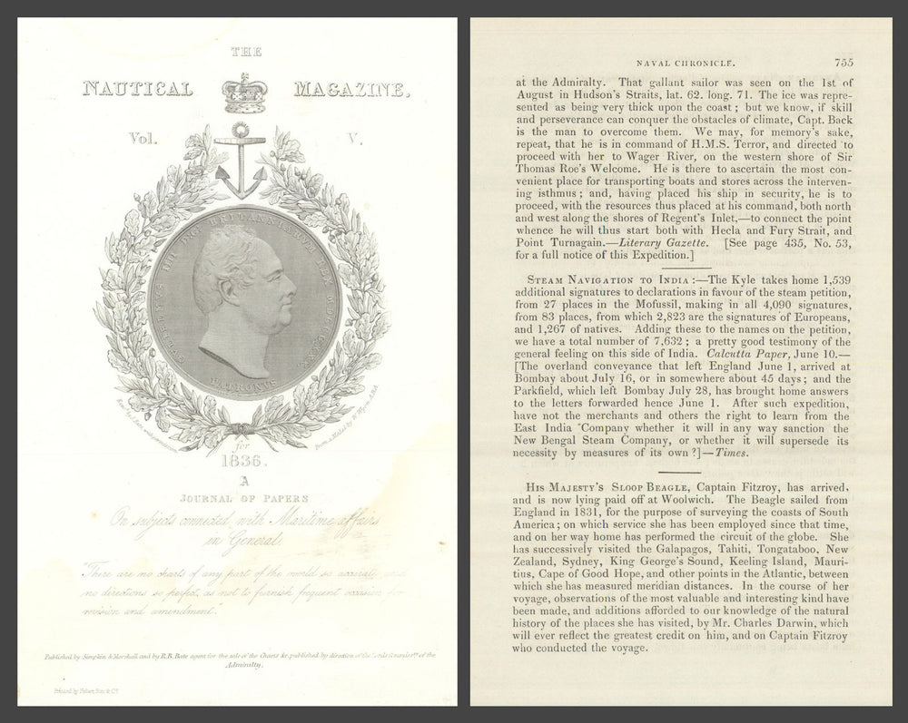 HMS Beagle's return to Woolwich news report — Darwin mention — Nautical Mag 1836