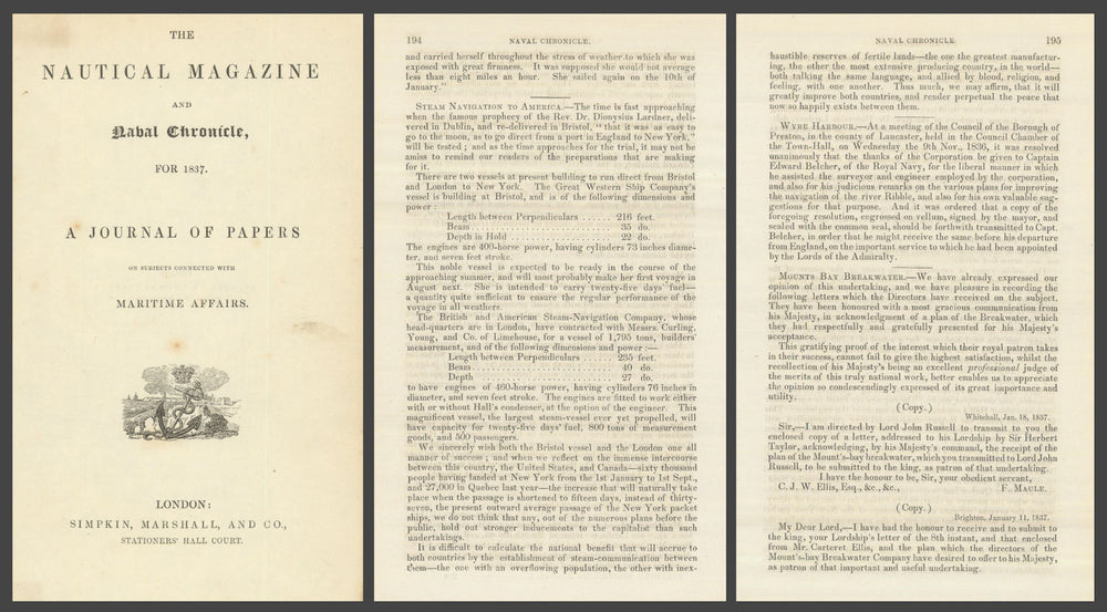 Construction in Bristol of SS Great Western news report — Nautical Magazine 1837
