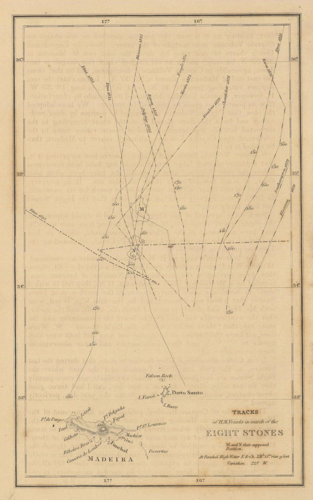 Madeira — Tracks of HM Vessels in search of the [phantom] Eight Stones 1837 map