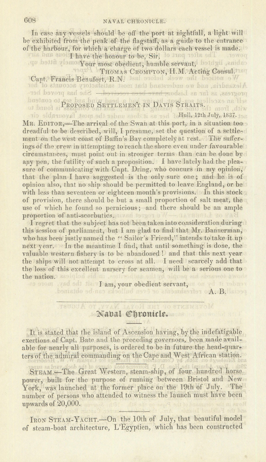 News report of the Launch of SS Great Western at Bristol — Nautical Mag 1837